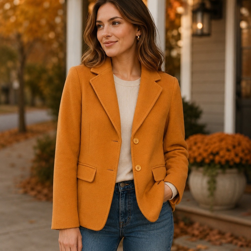 Pumpkin Orange Wool Cashmere Two Button Blazer Jacket Office Fall Minimalist Vtg